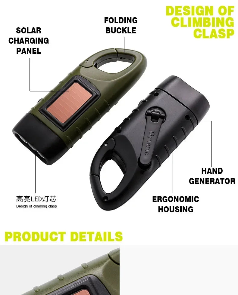 Rechargeable LED Survival Flashlight – Hand Crank & Solar Powered Torch for Hiking, Fishing & Boating