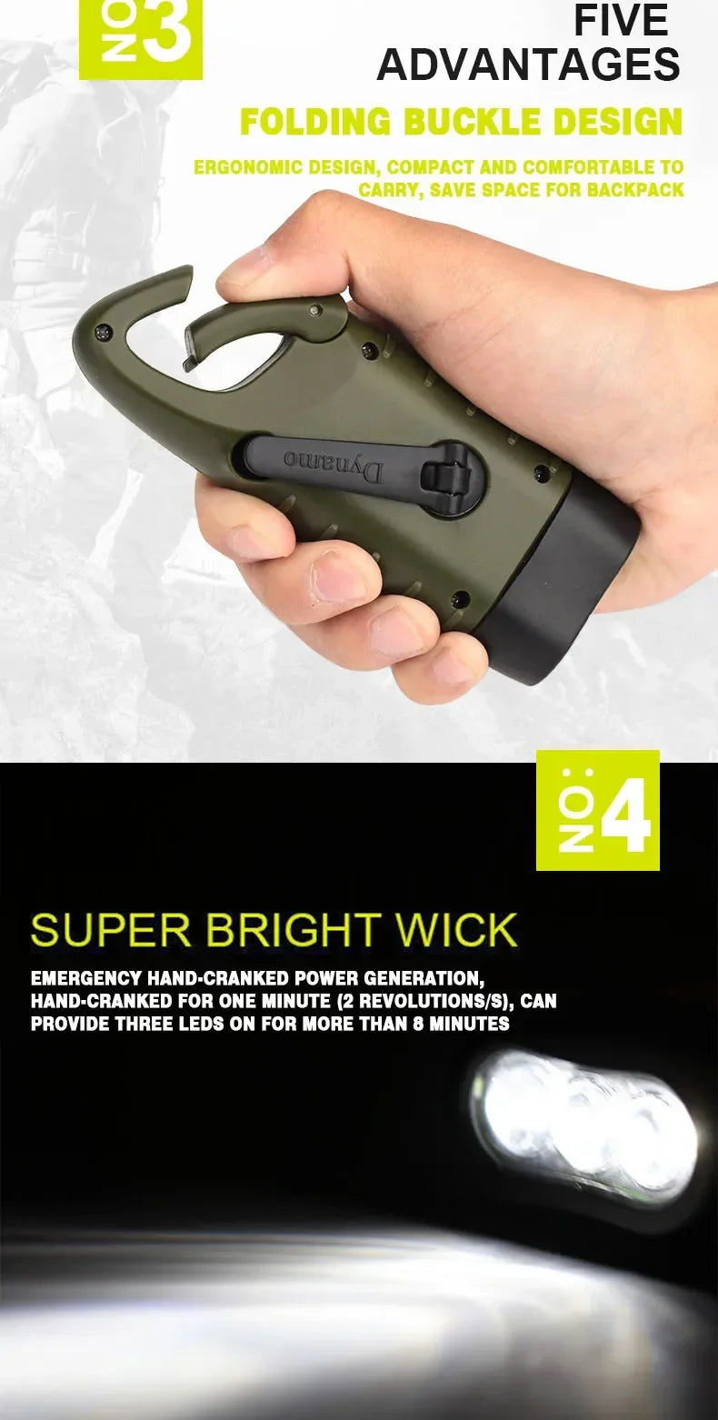 Rechargeable LED Survival Flashlight – Hand Crank & Solar Powered Torch for Hiking, Fishing & Boating