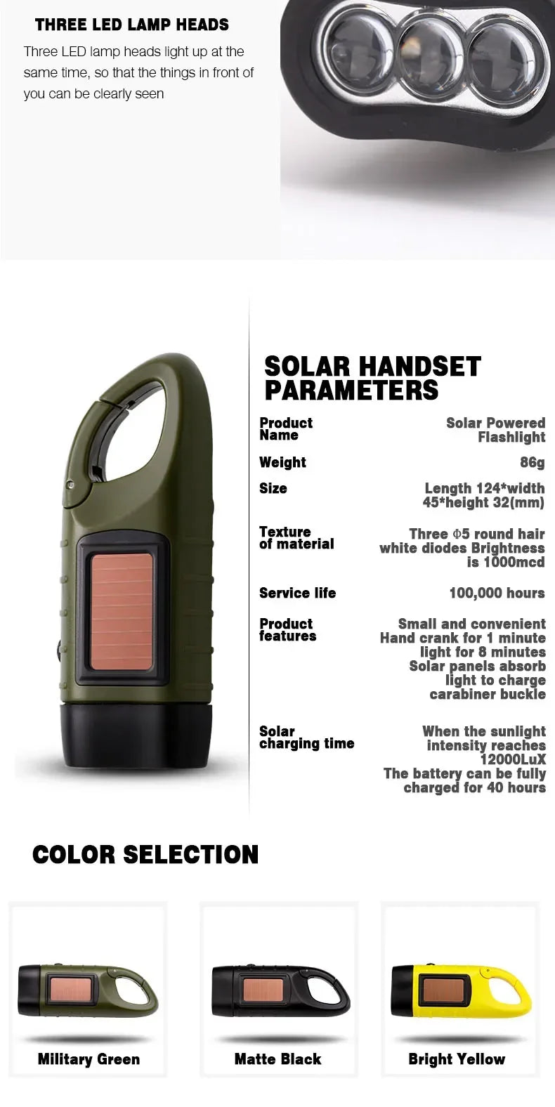 Rechargeable LED Survival Flashlight – Hand Crank & Solar Powered Torch for Hiking, Fishing & Boating