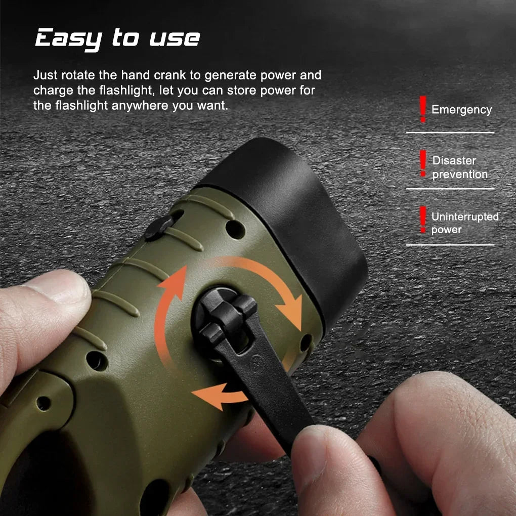 Rechargeable LED Survival Flashlight – Hand Crank & Solar Powered Torch for Hiking, Fishing & Boating
