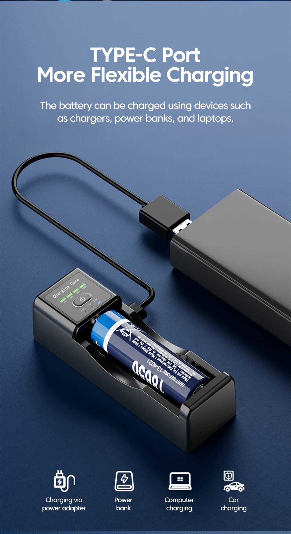 • Universal lithium battery charger with Type-C fast charging and USB output for convenient phone charging on the go.