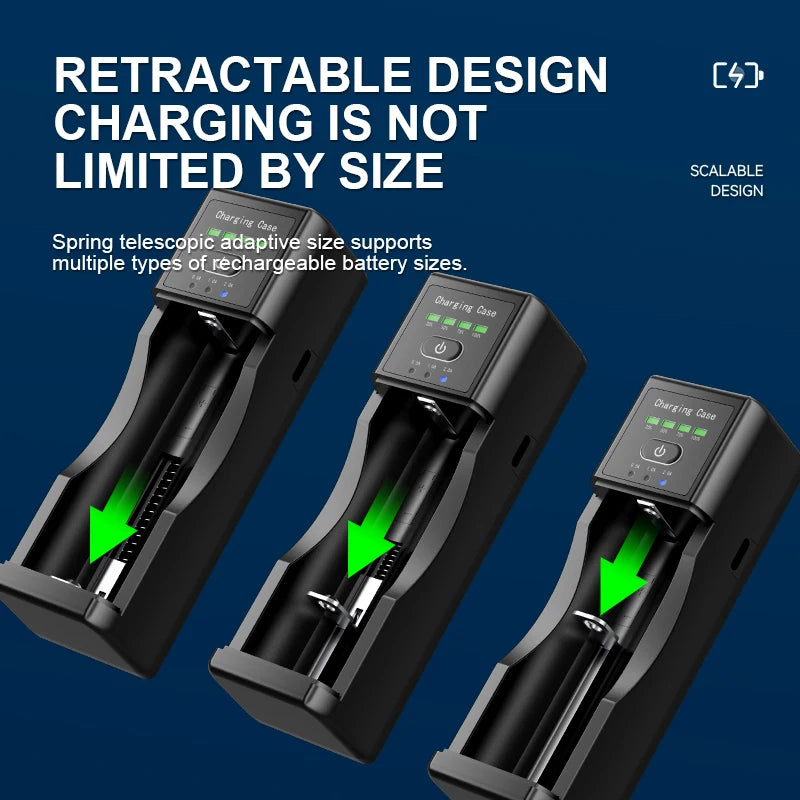 • Universal lithium battery charger with Type-C fast charging and USB output for convenient phone charging on the go.