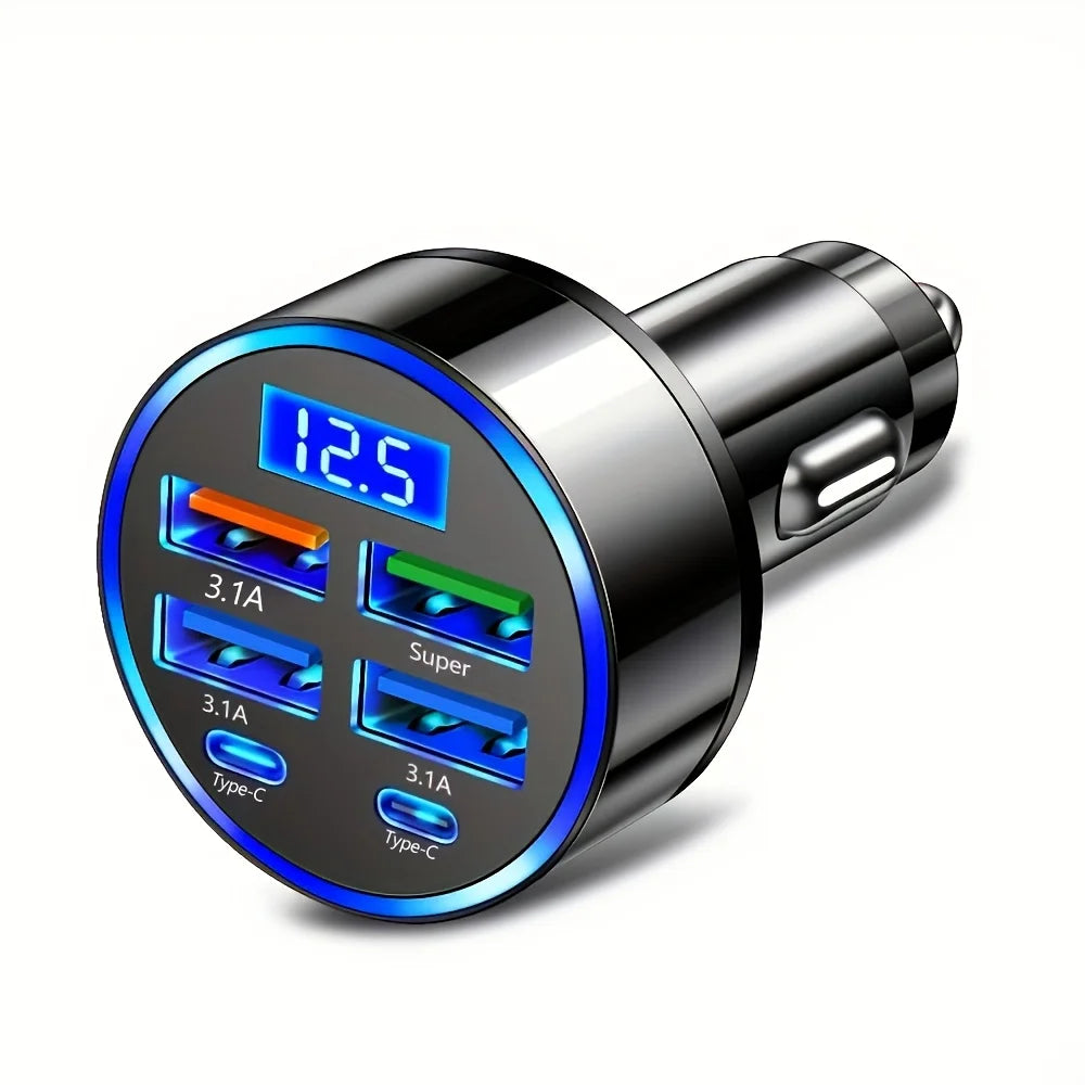 6-in-1 Fast Car Charger – Dual USB-C with Digital Display