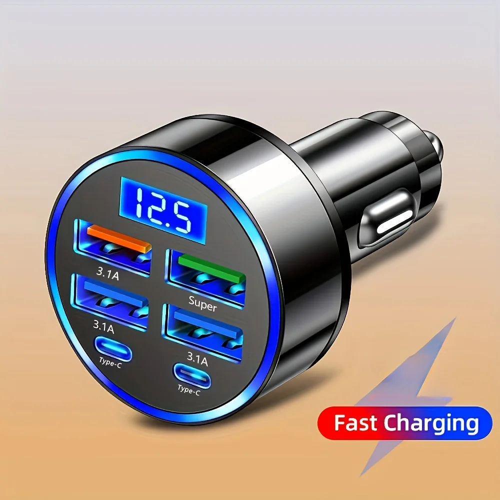 6-in-1 Fast Car Charger – Dual USB-C with Digital Display