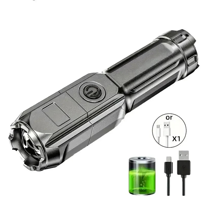 High-Power LED Flashlight – USB Rechargeable Waterproof Zoom Torch for Hiking & Camping