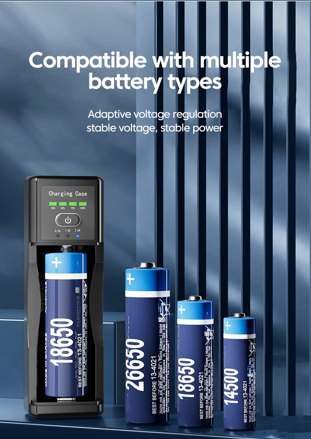 • Universal lithium battery charger with Type-C fast charging and USB output for convenient phone charging on the go.