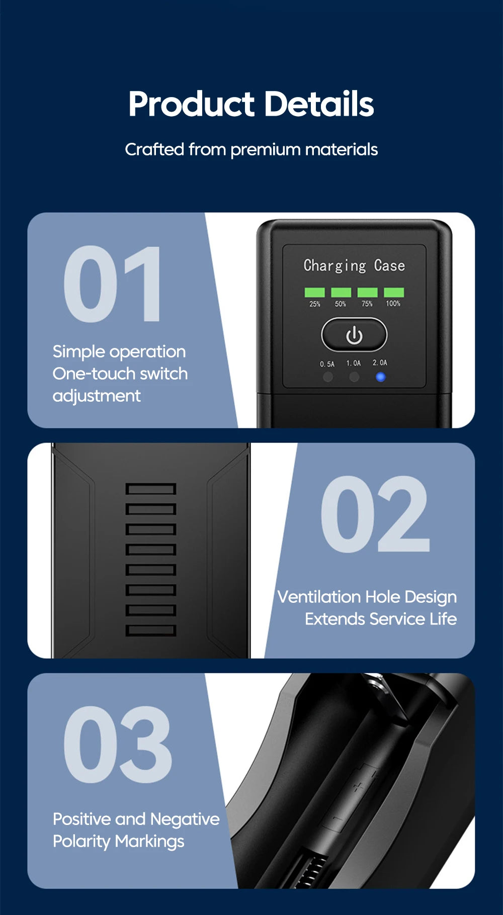 • Universal lithium battery charger with Type-C fast charging and USB output for convenient phone charging on the go.