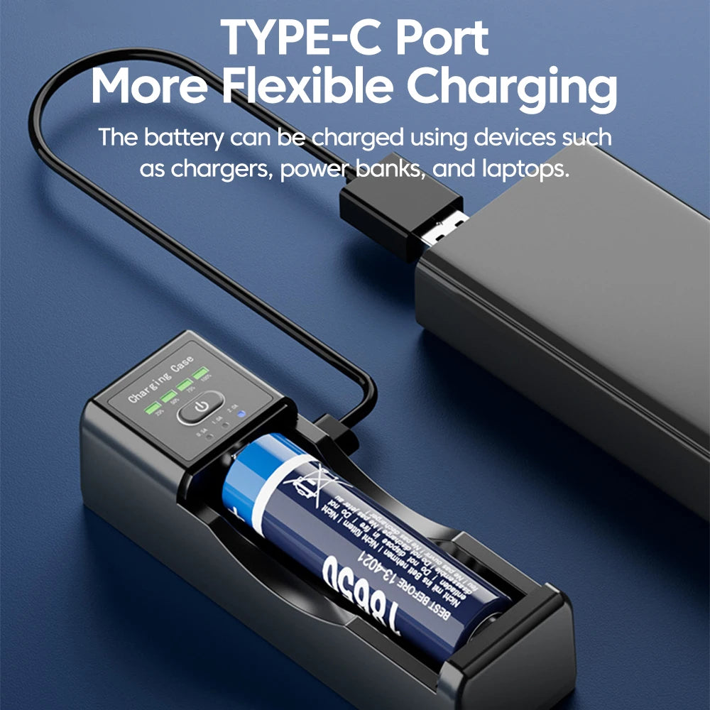 • Universal lithium battery charger with Type-C fast charging and USB output for convenient phone charging on the go.