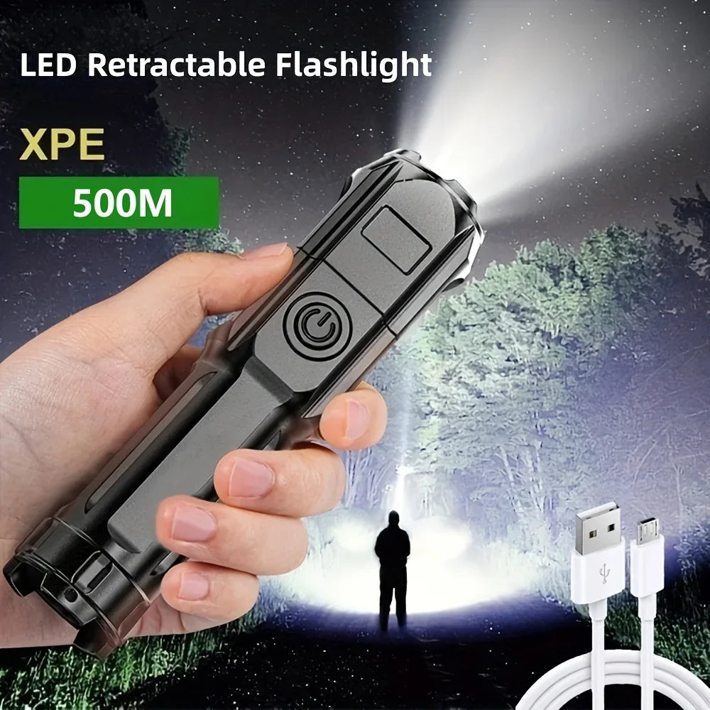 High-Power LED Flashlight – USB Rechargeable Waterproof Zoom Torch for Hiking & Camping