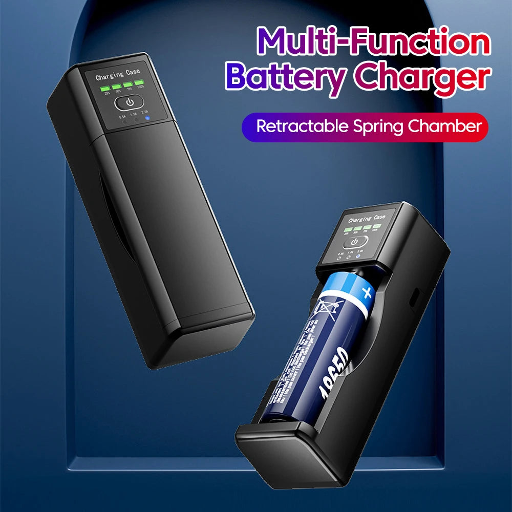 • Universal lithium battery charger with Type-C fast charging and USB output for convenient phone charging on the go.