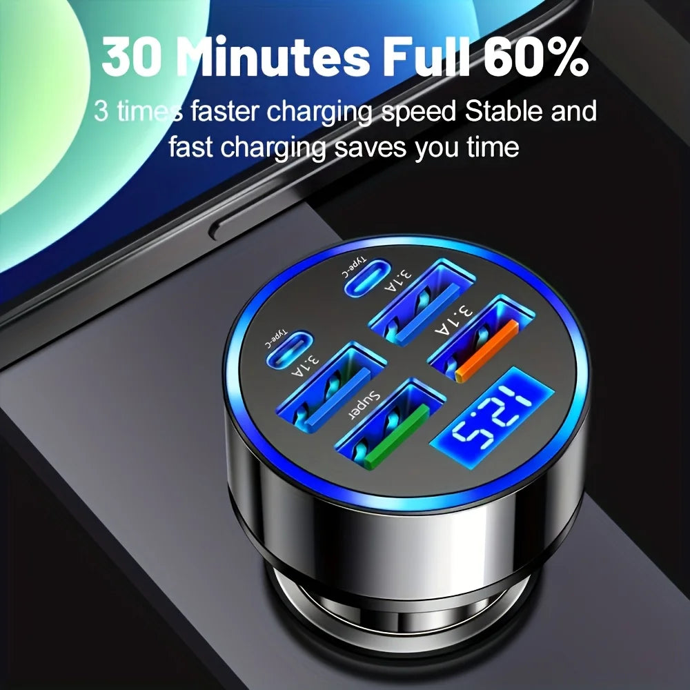 6-in-1 Fast Car Charger – Dual USB-C with Digital Display