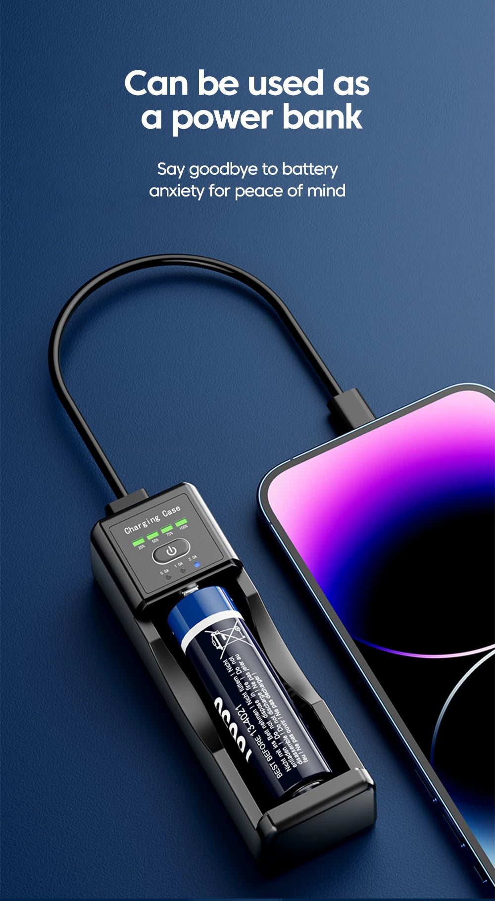 • Universal lithium battery charger with Type-C fast charging and USB output for convenient phone charging on the go.