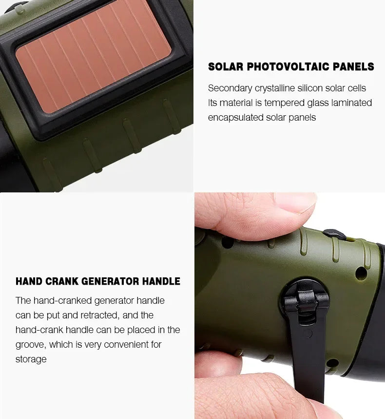Rechargeable LED Survival Flashlight – Hand Crank & Solar Powered Torch for Hiking, Fishing & Boating