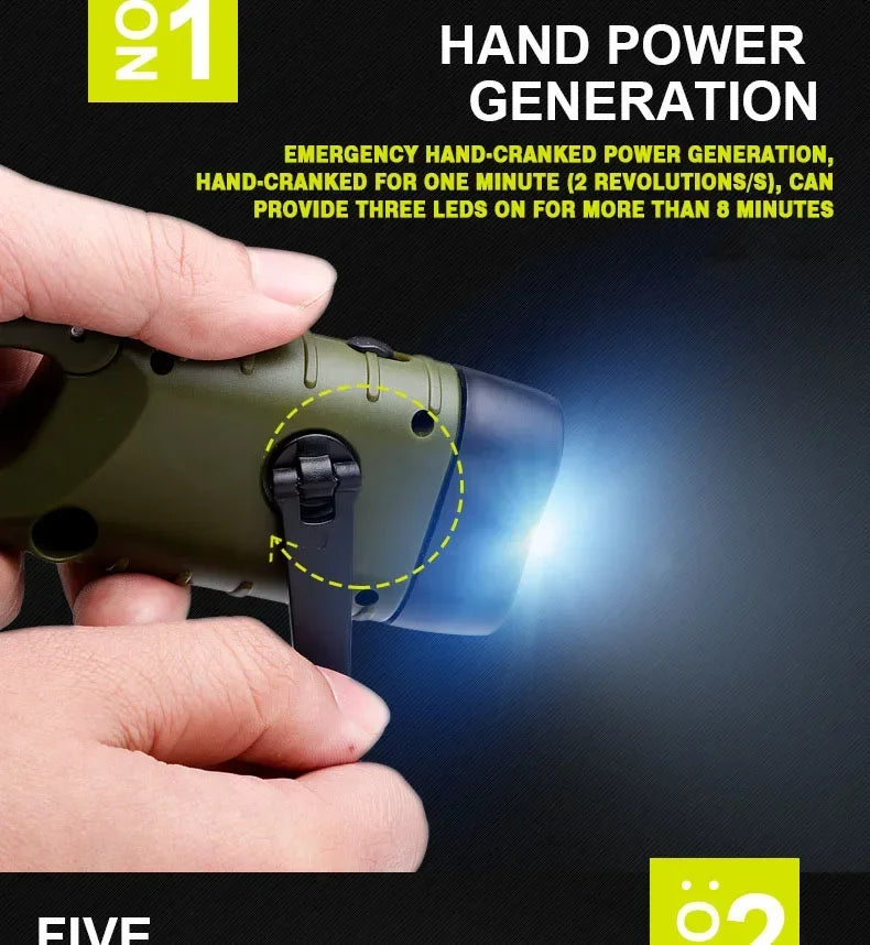 Rechargeable LED Survival Flashlight – Hand Crank & Solar Powered Torch for Hiking, Fishing & Boating