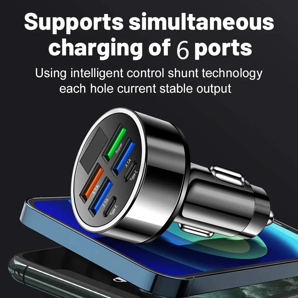 6-in-1 Fast Car Charger – Dual USB-C with Digital Display