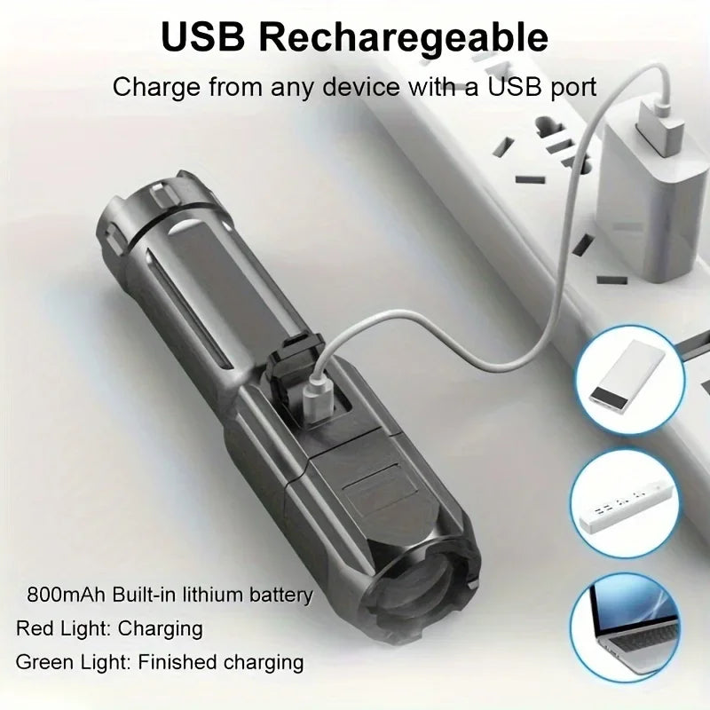 High-Power LED Flashlight – USB Rechargeable Waterproof Zoom Torch for Hiking & Camping