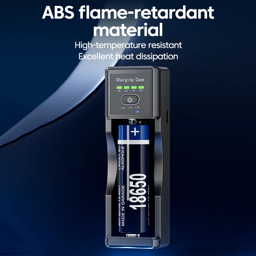 • Universal lithium battery charger with Type-C fast charging and USB output for convenient phone charging on the go.