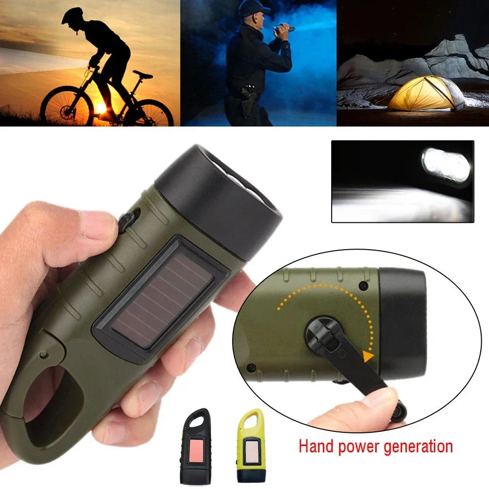 Rechargeable LED Survival Flashlight – Hand Crank & Solar Powered Torch for Hiking, Fishing & Boating
