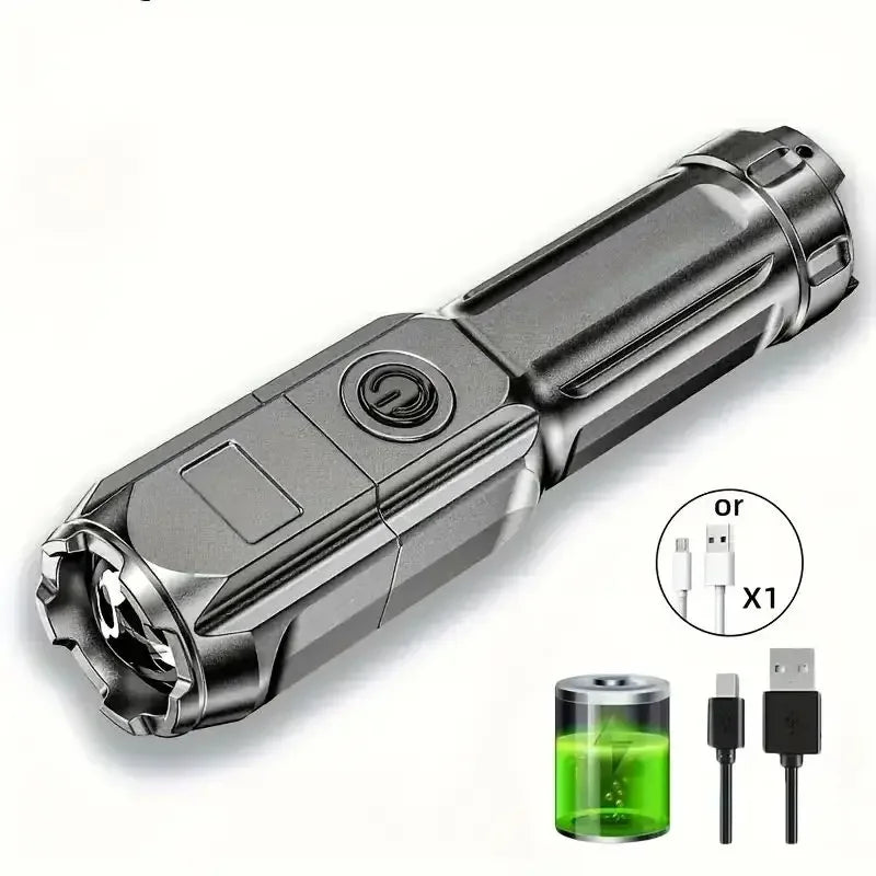High-Power LED Flashlight – USB Rechargeable Waterproof Zoom Torch for Hiking & Camping
