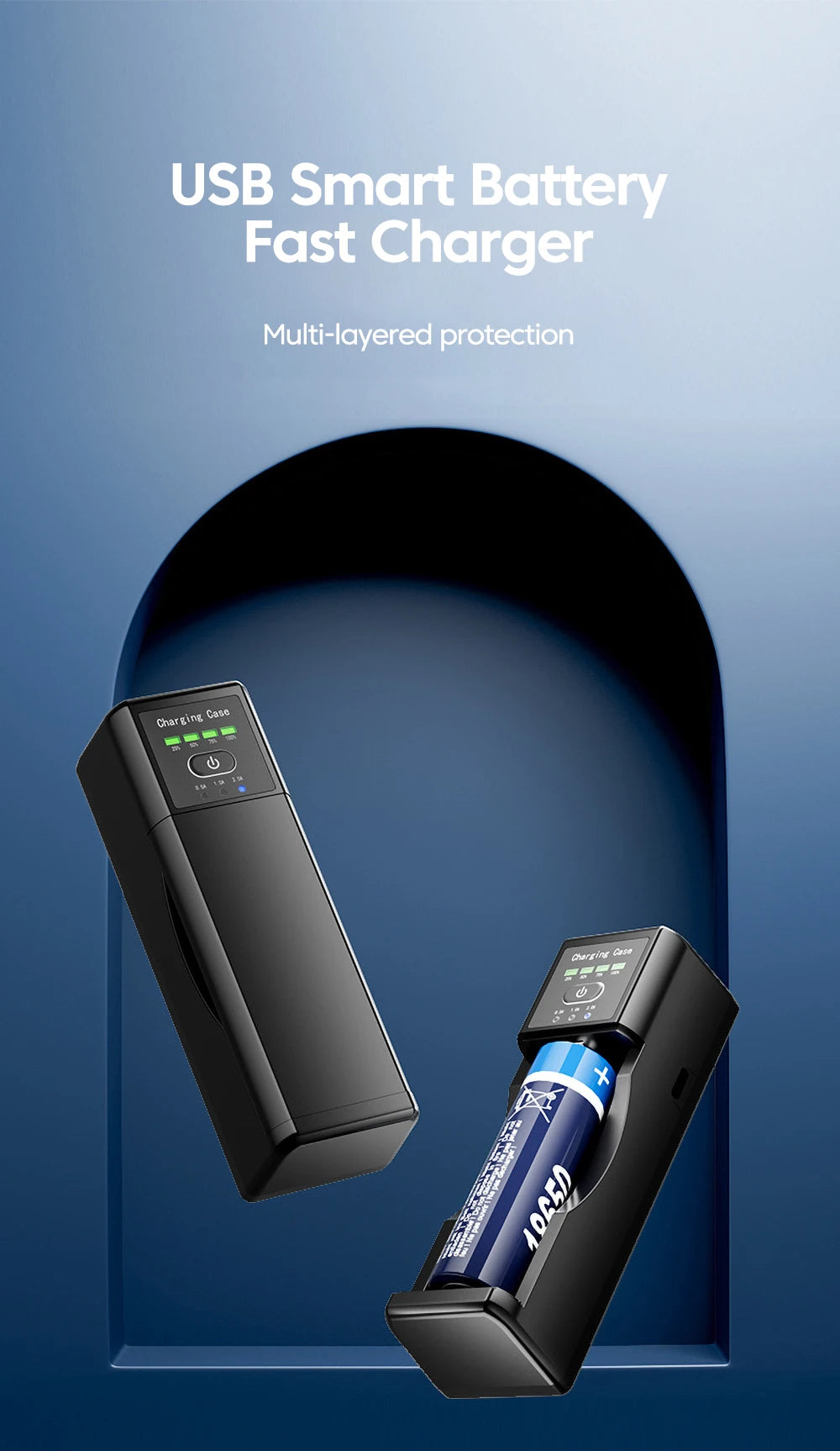 • Universal lithium battery charger with Type-C fast charging and USB output for convenient phone charging on the go.