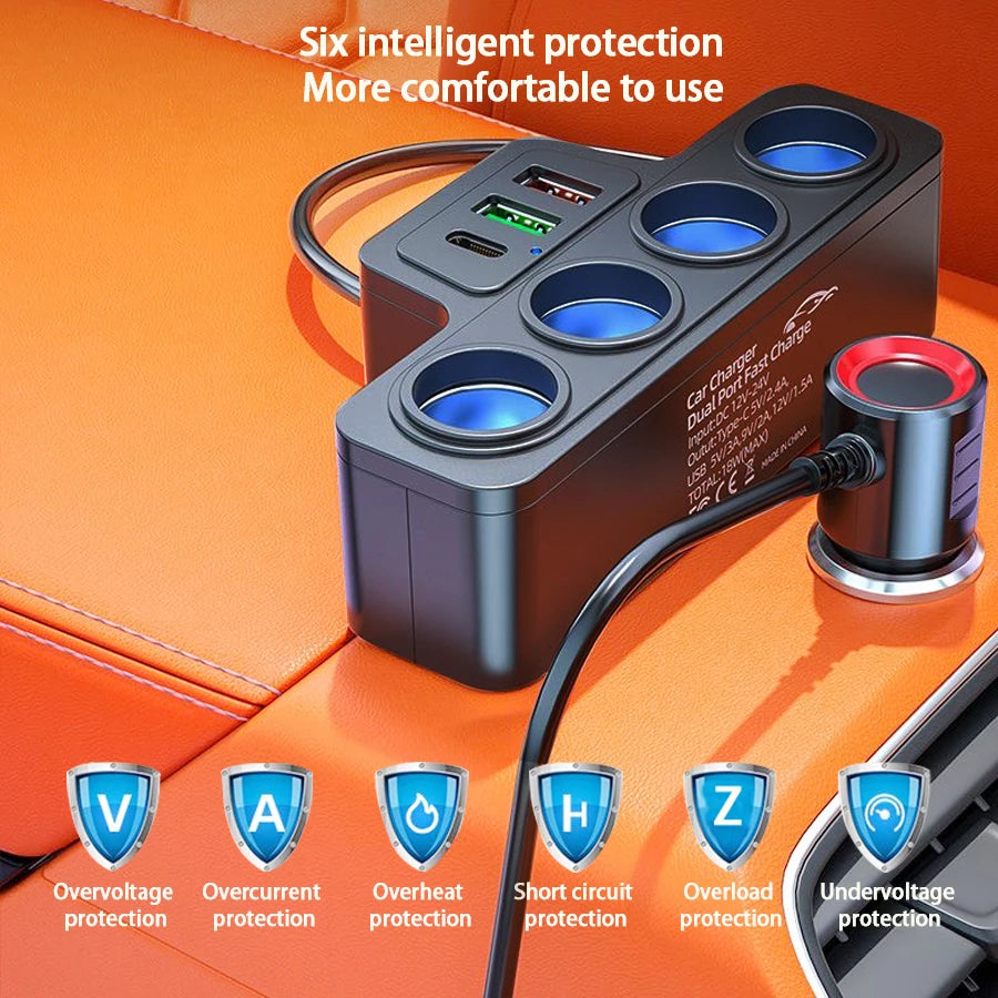 120W Multi-Port Fast Car Charger – Charge Multiple Devices Simultaneously