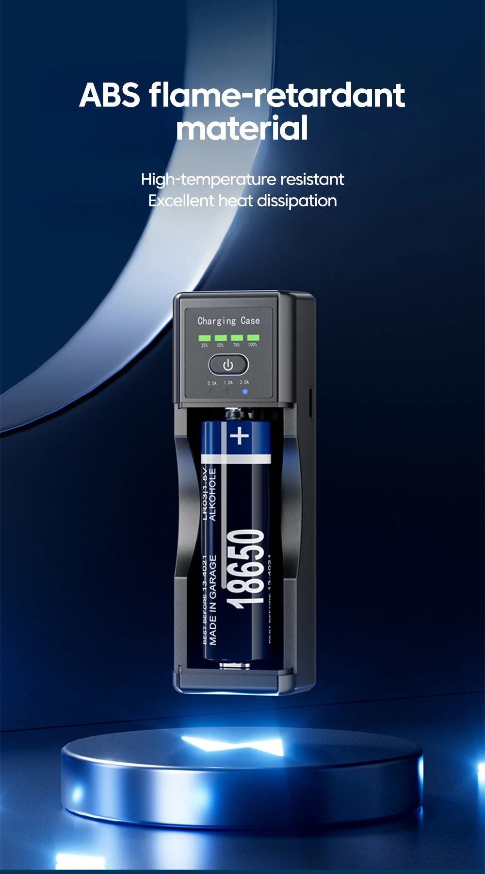 • Universal lithium battery charger with Type-C fast charging and USB output for convenient phone charging on the go.