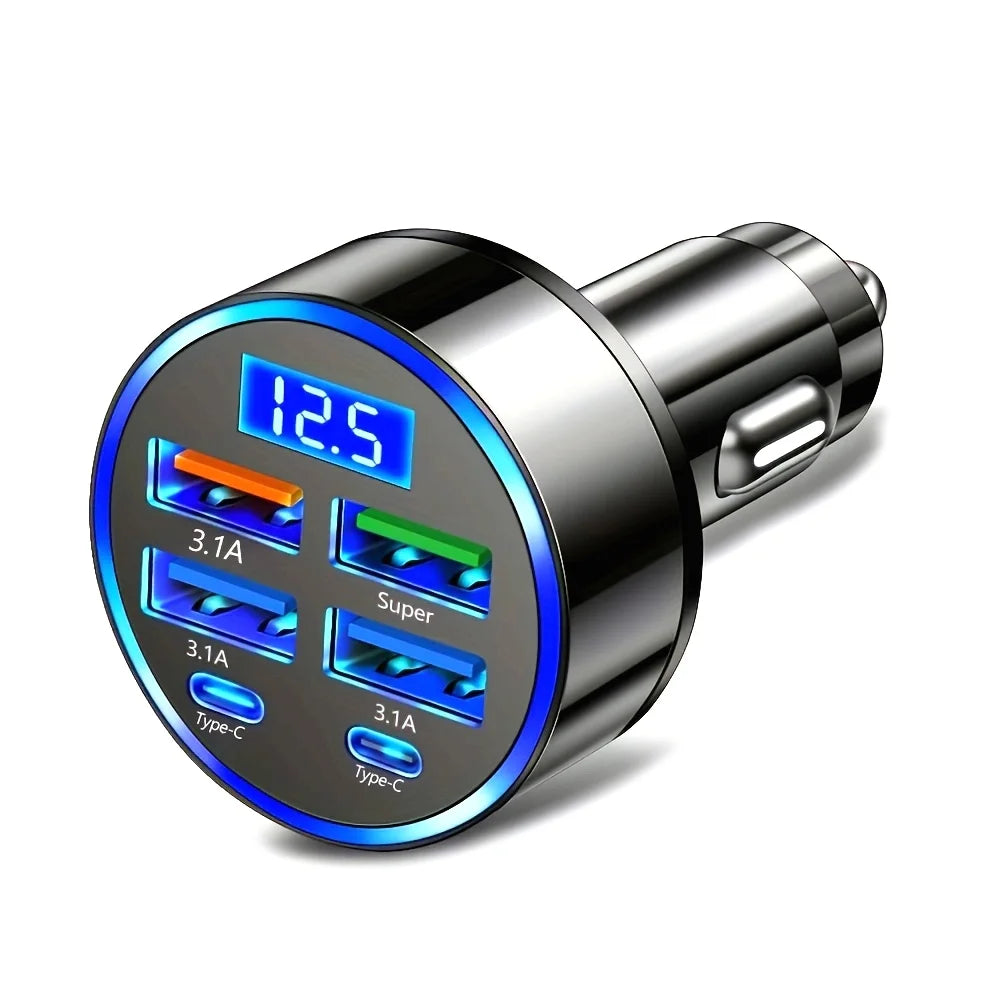 6-in-1 Fast Car Charger – Dual USB-C with Digital Display