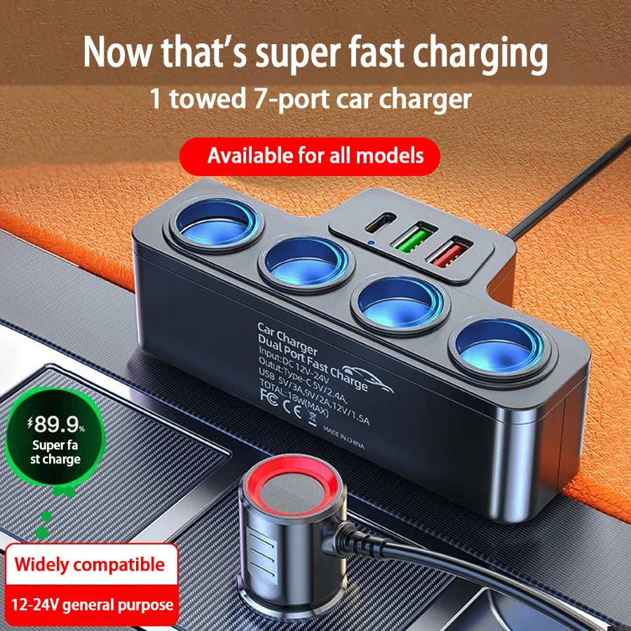 120W Multi-Port Fast Car Charger – Charge Multiple Devices Simultaneously