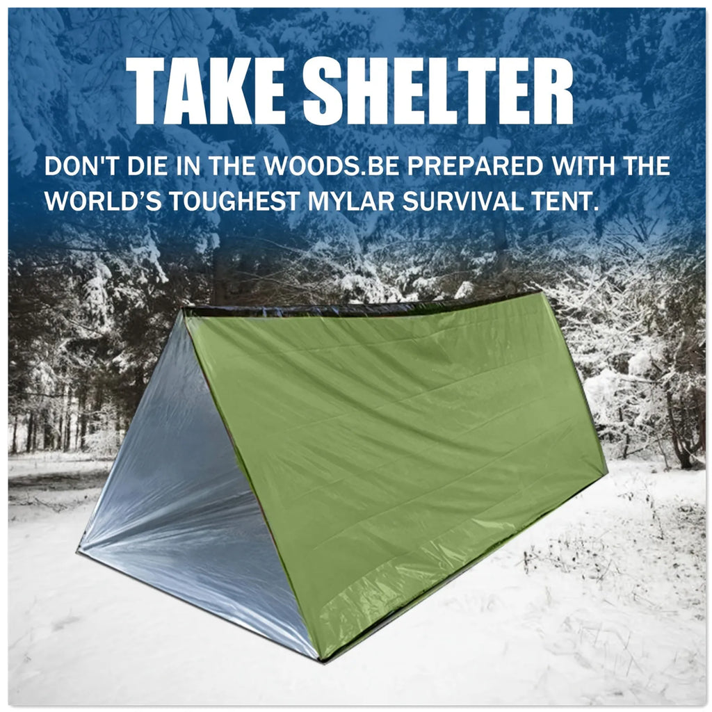 Waterproof 2-person emergency tent designed for reliable shelter during camping and outdoor activities.